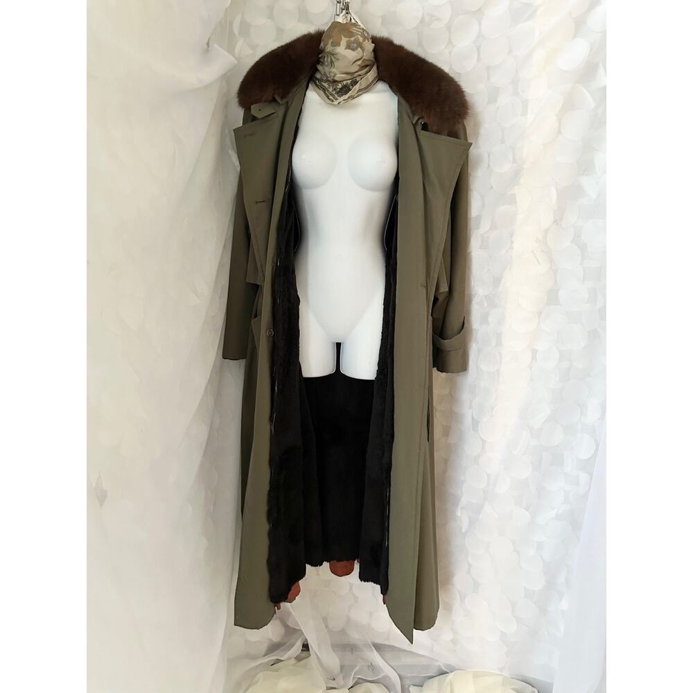 Olive Green Trench Coat with Brown Fur Collar